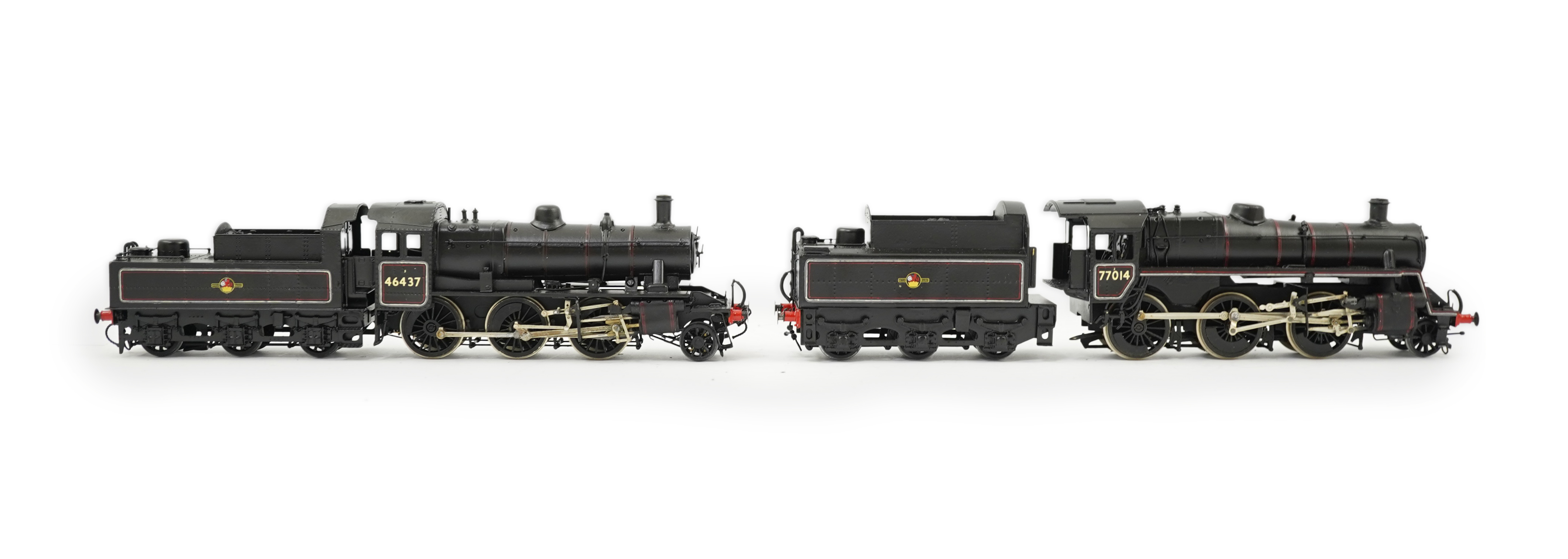 Two 00 gauge brass and white metal kit built BR tender locomotives; a Standard Class 2 2-6-0, 46437, together with a Standard Class 3 2-6-0, 77014, constructed, painted and lined to a high standard, both motored for two